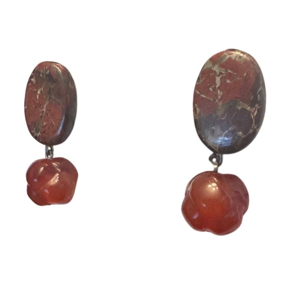 Vintage natural stone red brown Jasper and Carnelian clip on dangle earrings